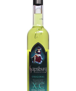 Hellgrüner Hapsburg Absinthe Original extra strong in einer 0,5 Liter schmalen durchsichtigen Flasche. Auf dem Flaschenetikett ist eine Absinth-genießende Dame abgebildet.