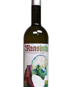 Mansinthe Absinth in einer dunkelgrünen 0,7 Liter Flasche mit Etikett, das vom Künstler Marilyn Manson persönlich gemalt wurde und der diesen Absinth kreiert hat