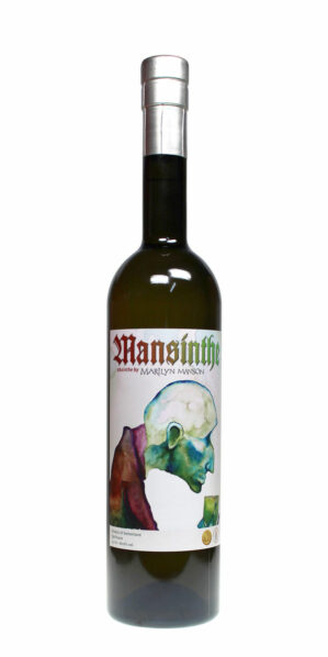 Mansinthe Absinth in einer dunkelgrünen 0,7 Liter Flasche mit Etikett, das vom Künstler Marilyn Manson persönlich gemalt wurde und der diesen Absinth kreiert hat