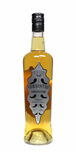 Hellbrauner Versinthe Absinth in schmaler 0,7 Liter Flasche mit silbernem Etikett und schwarzem Verschluss