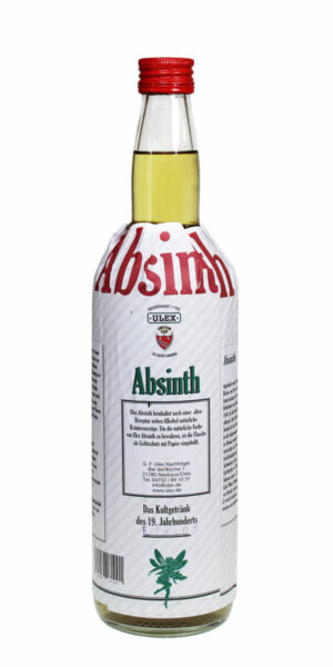 Absinth Ulex in 0,7l Flasche, die in Papierbanderole eingehüllt ist, um die grüne Farbe des Destillates zu schützen.
