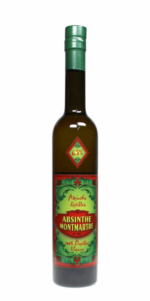 montmartre Absinth in dunkelgrüner 0,7 Liter schmalen Flasche mit zwei auffälligen Etiketten