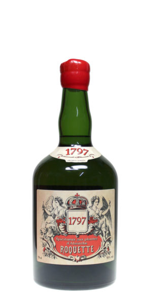 Roquette Absinth 1797 in dukkelgrüner 0,75 Liter Glasflasche mit zwei Etiketten und einem roten Verschluss.