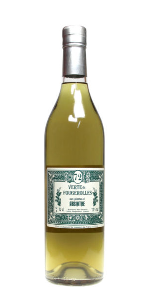 Schlammgrüner Verte de Fougerolles Absinth in durchsichtiger 0,5 Liter Glasflasche mit grün-weißem Etikett.