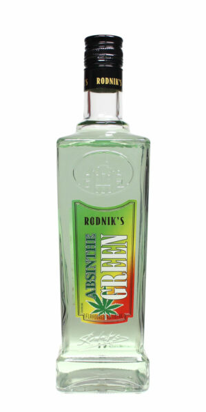 Rodnik's Cannabis Absinth - hellgrüner Absinth in eckiger 0,7 Liter Flasche mit Prägung und einem Etikett, auf dem auch ein Cannabisblat abgebildet ist