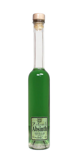 Grüner Absinth Zelena Muza in einer schmalen durchsichtigen 0,2l Flasche mit hellgrünem Etikett