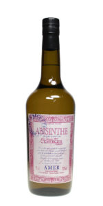 Abisinthe Amer 72 - gelber Absinth in einer braunen 0,7 Liter Flasche mit rosa bedrucktem Etikett