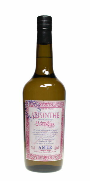 Abisinthe Amer 72 - gelber Absinth in einer braunen 0,7 Liter Flasche mit rosa bedrucktem Etikett