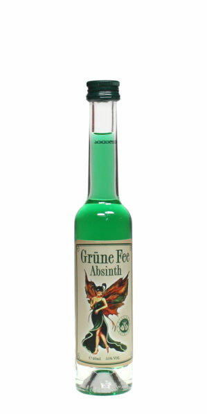 Die grüne Fee Absinth in 0,04l Flasche mit Etikett, auf dem schöne grüne Fee abgebildet ist