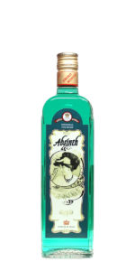 Mintgrüner Fruko Schulz Premium Absinth in 0,5 Liter durchsichtigen eckigen Flasche mit Etikett.