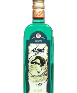 Mintgrüner Fruko Schulz Premium Absinth in 0,5 Liter durchsichtigen eckigen Flasche mit Etikett.