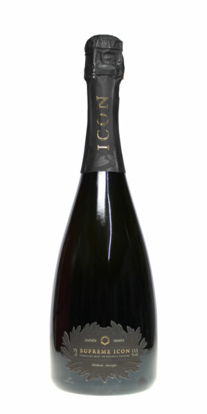 Absinth-Sekt Supreme Icon in einer schwarzen 0,75 Liter Champagnerflasche mit dunklem Etikett