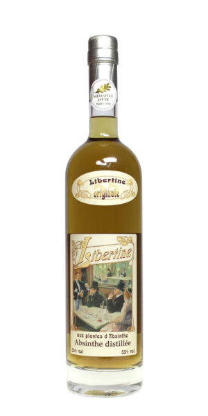 Libertine Absinth - gelblicher Absinth in einer Flasche aus durchsichtigem Glas mit zwei Etiketten