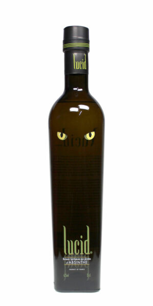 Lucid Absinth in einer schwarzen schmalen 0,7 Liter Flasche bedruckt mit zwei gelben Augen