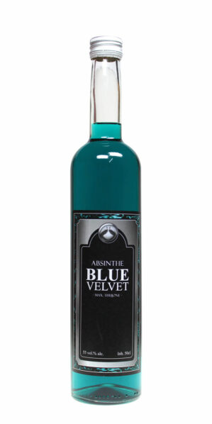 Blue velvet Absinth - grünblauer Absinth in einer 0,5 Liter Glasflasche mit einem schwarzen Etikett.