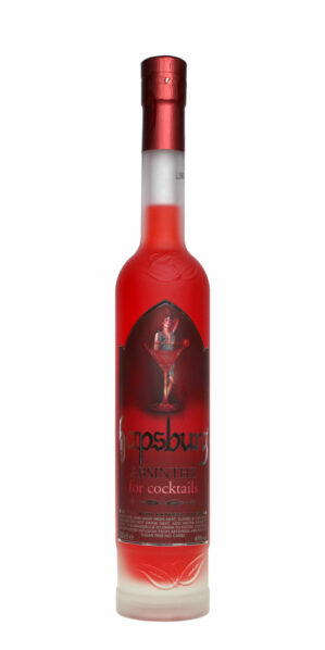 roter Hapsburg Absinth für Cocktails in einer 0,5l schmalen Flasche aus mattem Glas und einem Etikett, auf dem eine Dame hinter einem großen Cocktailglas steht.