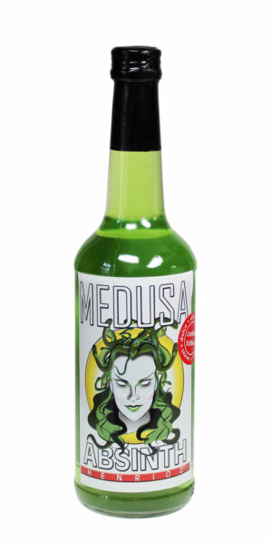 grüner Absinth Medusa sweet in durchsichtiger 0,5l Flasche mit einem auffallendem Etikett