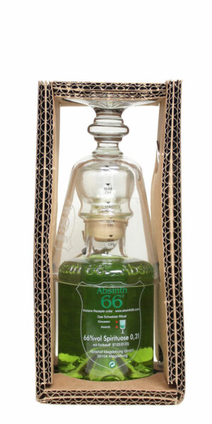 Abtshof Absinth 66 - grüner Absinth in 0,2 Liter Apothekerflasche im Set mit Absinthlöffel und Absinthglas, seitlich mit dickem Karton umpack