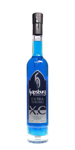 Blauer Hapsburg Absinthe X.C. Extra Strong mit Cassis in 0,5 Liter Flasche aus durchsichtigem Glas und mit Etikett.