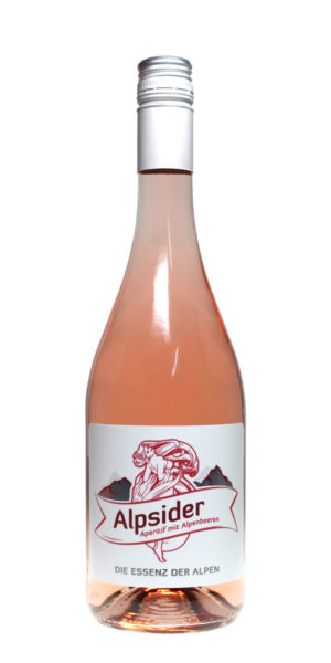 Alpsider Aperitif mit Alpenbeeren ist ein Apperitivgetränk gefüllt in einer 0,75 Liter Glasflasche mit einem weißen Etikett auf dem eine schöne Frau und Berge abgebildet ist.