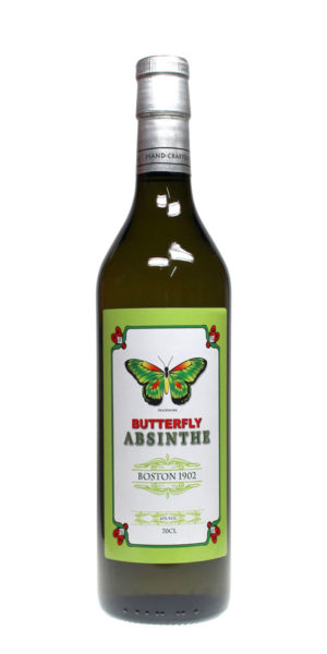 Butterfly Absinthe in einer grünen 0,7 Liter Glasflasche mit weiß-grünem Etikett.