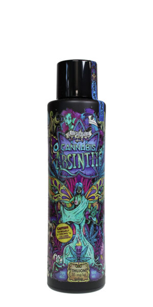 Euphoria Cannabis Absinthe in einer eleganten schwarzen 0,5-Liter-Flasche mit farbenfrohem Design.