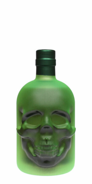 Suicide Cannabis Absinth in einer auffälligen, grünen 0,5 Liter Flasche mit Totenkopf-Form.