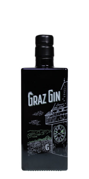 Graz Gin in einer eckigen schwarzen 0,5l Flasche, die mit einer weißen Zeichnung vom Grazer Uhrturm, dem Wahrzeichen der Stadt, verziert ist.