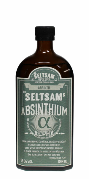Dr. Seltsam's Absinthium Alpha in einer 0,5 Liter dunkelbraunen Flasche.