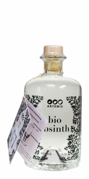 Artemis bio Absinth in 0,5 Liter Flasche aus durchsichtigem Glas und mit Wermut Motiv direkt auf der Flasche bedruckt