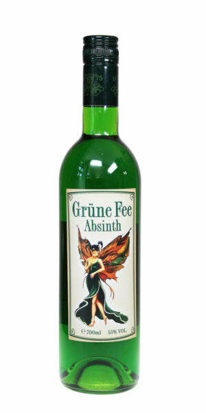 Grüne Fee Absinth in grüner 0,7 Liter Flasche mit Etikett, auf dem eine Fee mit roten Flügeln abgebildet ist
