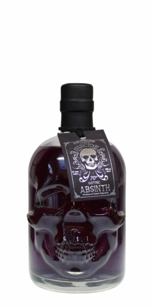 Schwarzer Suicide Absinth Gothic der Firma Hill in einer auffälligen 0,5 Liter Flasche in Form eines Schädels.