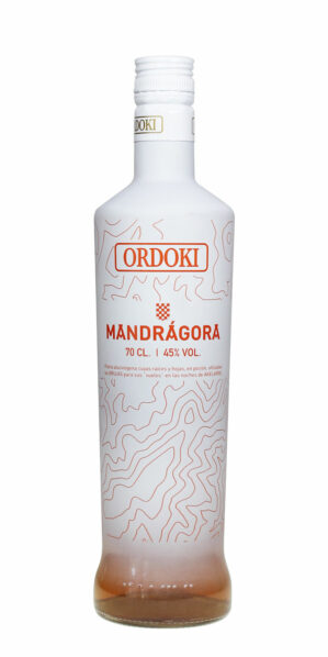 orangener Mandragora Likör in 0,7 Liter Flasche mit matter weißer Lakierung und orangenem Druckmotiv