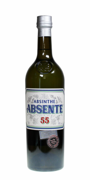 Absinth Absente 55 in dunkelgrüner 0,7l Flasche mit einem weißen Etikett.