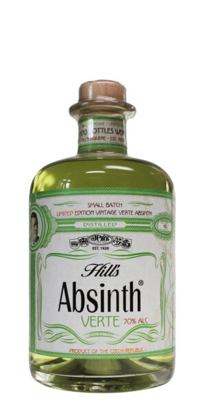 grüner Hill's Absinth Verte in einer 0,5 Liter Flasche aus durchsichtigem Glas.