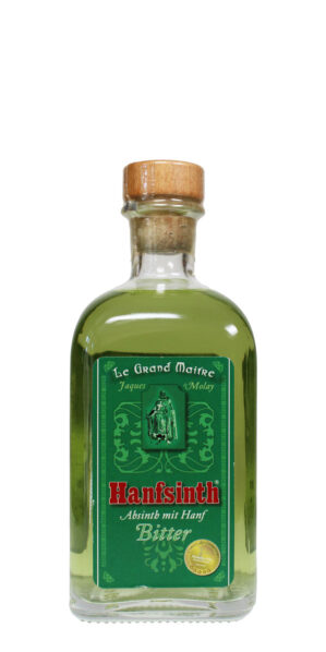 Hanfsinth in 0,5l Flasche mit grünem Etikett und dem Abbild des Tempelritters Jacques de Molay – natürlicher Absinth mit Hanf.