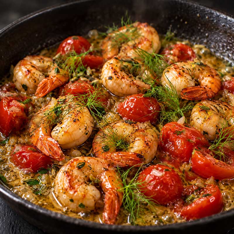 Gebratene Garnelen mit Kirschtomaten und Fenchelgrün in Absinth-Fenchel-Butter